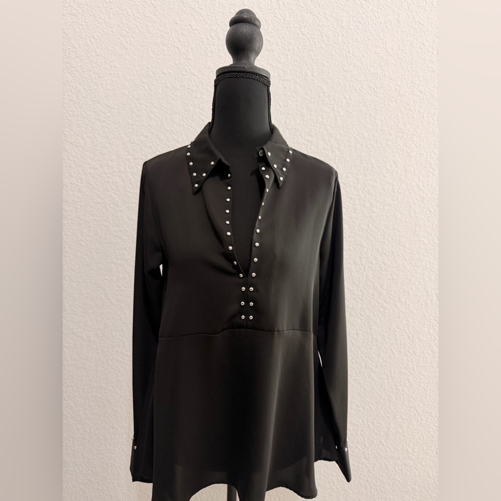 Zara Women’s Black Long Sleeve Blouse Silver Beading Detail Evening Chic Top